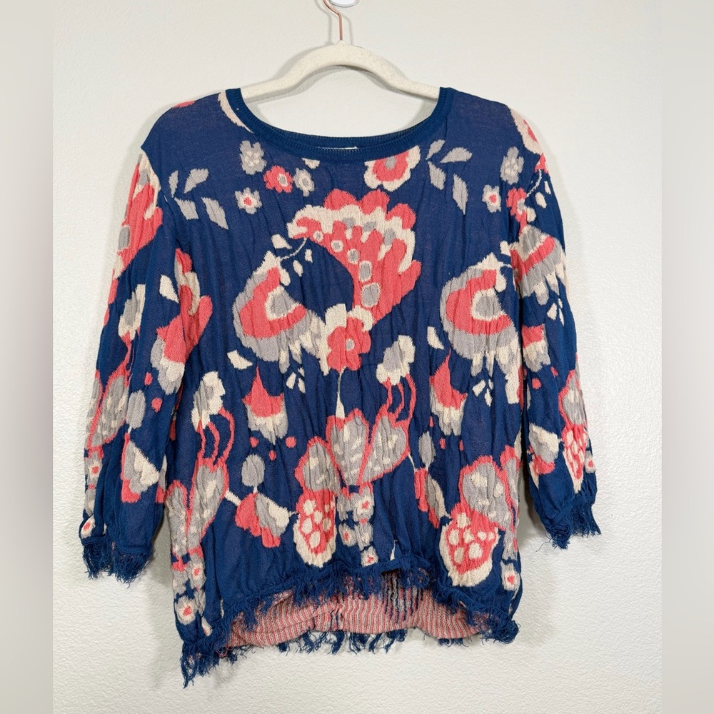 Anthropology The Korner Shirt Floral Distress Fringe Edge Navy Pink Women M/L
